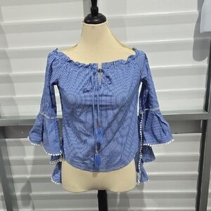 Blue Flutter Sleeve Blouse with Smocked Tie Front Mocha Size Medium‎